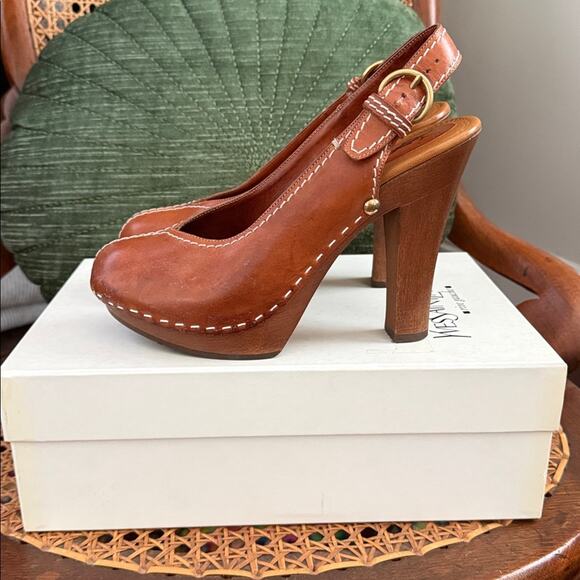 Vintage 90s YSL Cognac Leather Ebene 90 Apache Whipstitch Slingback Heels - Picture 1 of 9
